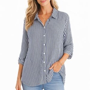 Chico’s Blue & White Stripe 100% Rayon Hi-Low Button Blouse Size 3 / XL